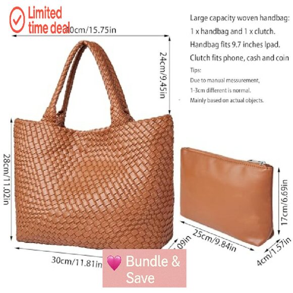 Woven Vegan Leather Tote Bag with Zippered Pouch, Large Capacity - Picture 5 of 8